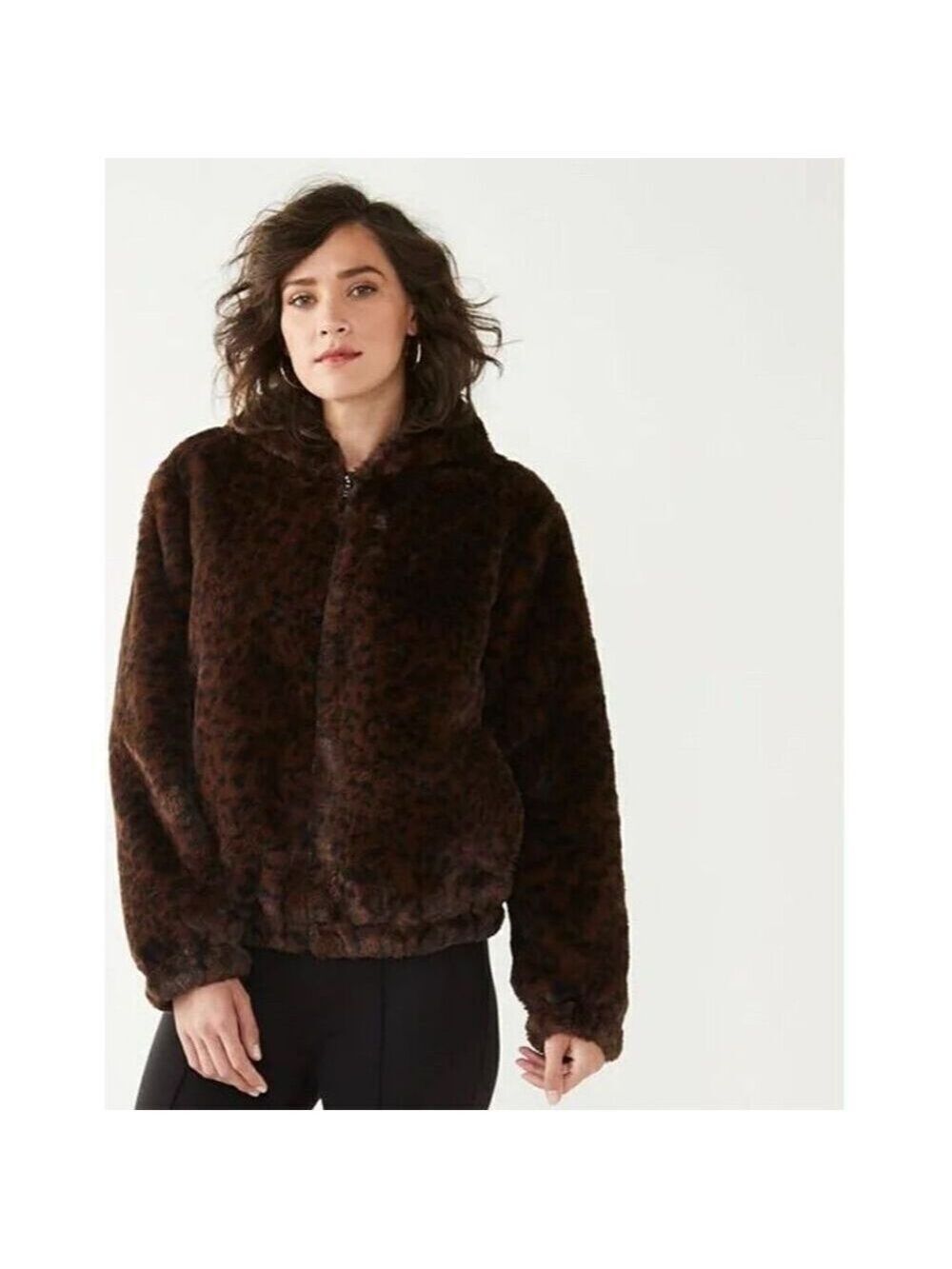 Nine West Women's Animal Print Faux-Fur Hooded Jacket Brown Cheetah Print Size S